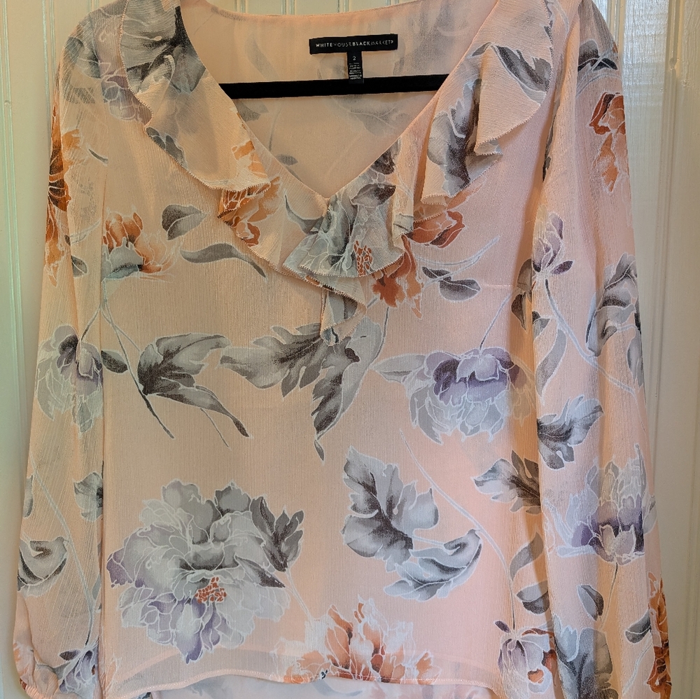 White House Black Market Peach Long Sleeve Ruffle Blouse